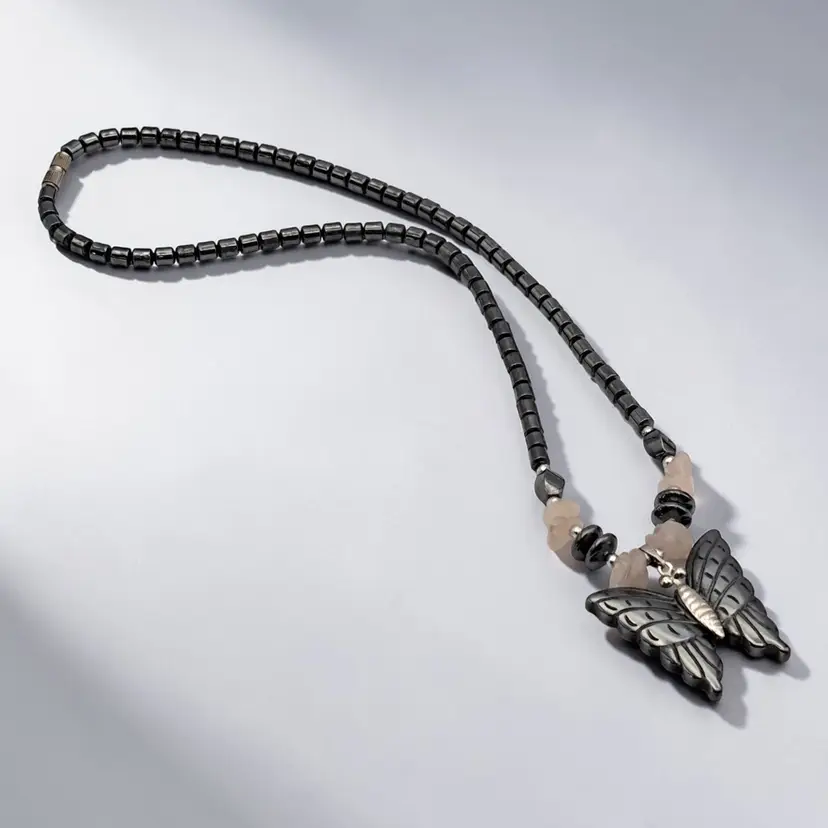 Hematite Carved Butterfly Pendant Quartz Chips Cylinder Hematite Beads Necklace