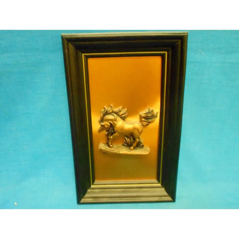 Vtg 3D Copperama Unicorn Copper Wall Plaque Oval Hanging MCM Framed (GG)