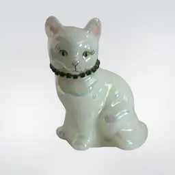 Fenton White Opalescent Hand painted May Birthday Cat