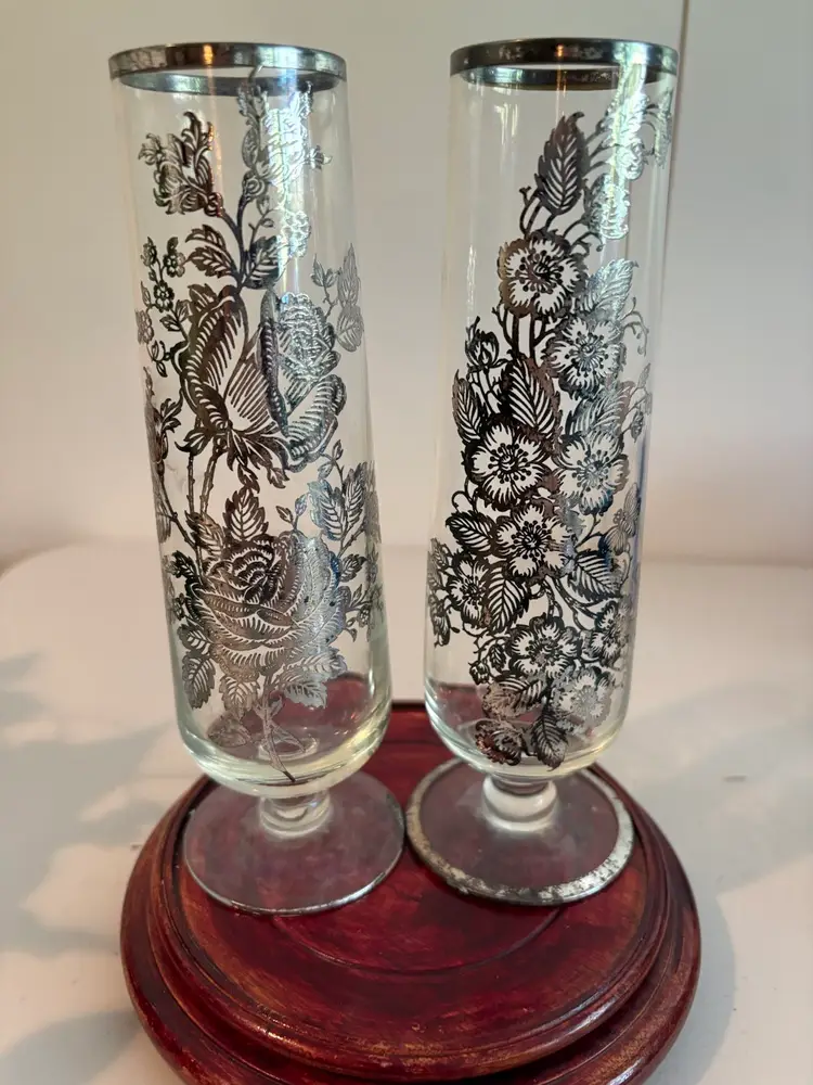 Antique Set Of Two Silver Overlay Glass Italian Vases