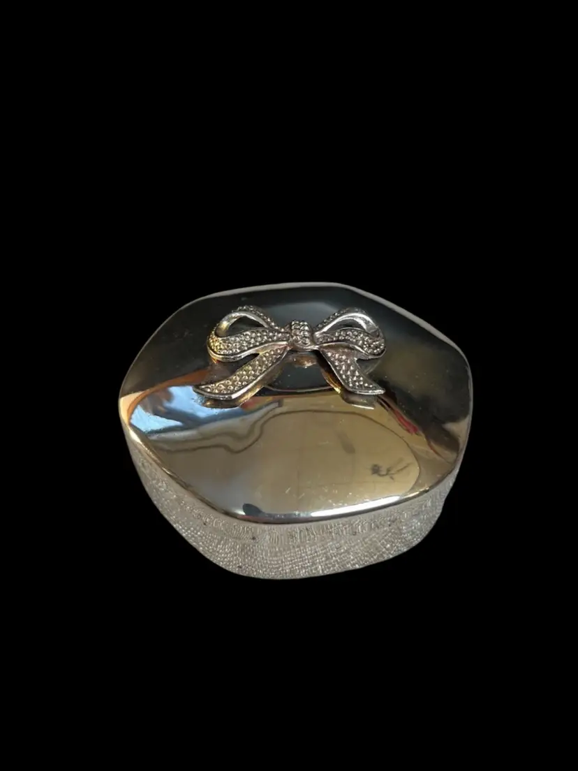 Trinket Box-Silver Plated Hexagon Shaped Trinket Box w/ Bow, Beautiful Red Lining Inside