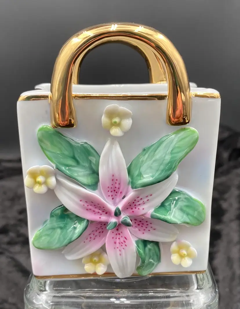Ceramic Shopping Bag/Purse Figurine, Vibrant Flowers with Golden Trim, 4"