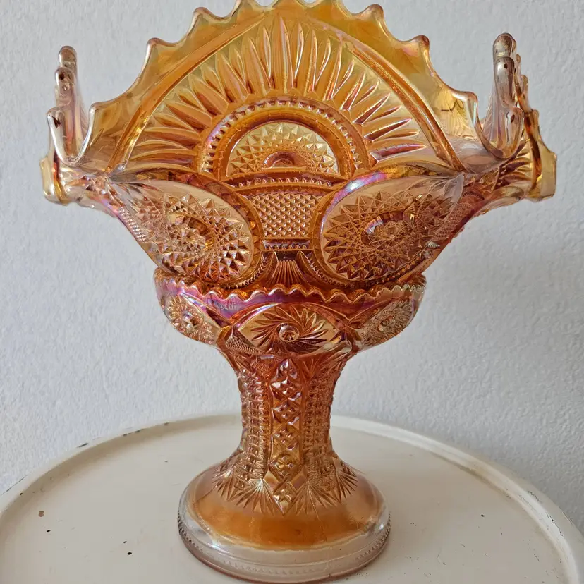 VTG Imperial Marigold Carnival Glass Iridescent Ruffled Edge Fruit Punch Bowl w/ Base