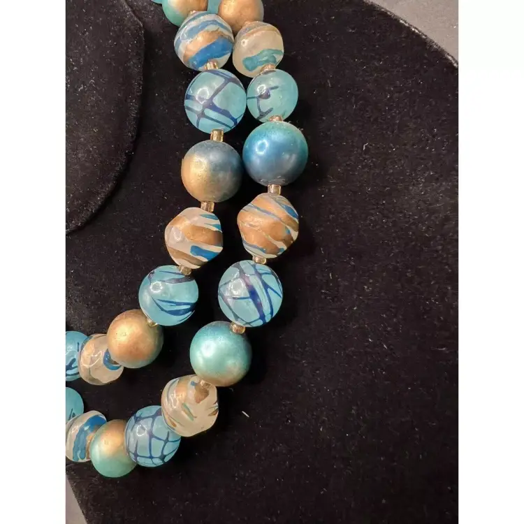 #01 WOW Vintage Czech UV Glow Uranium Blue & Gold Glass Beaded Necklace Hand Painted