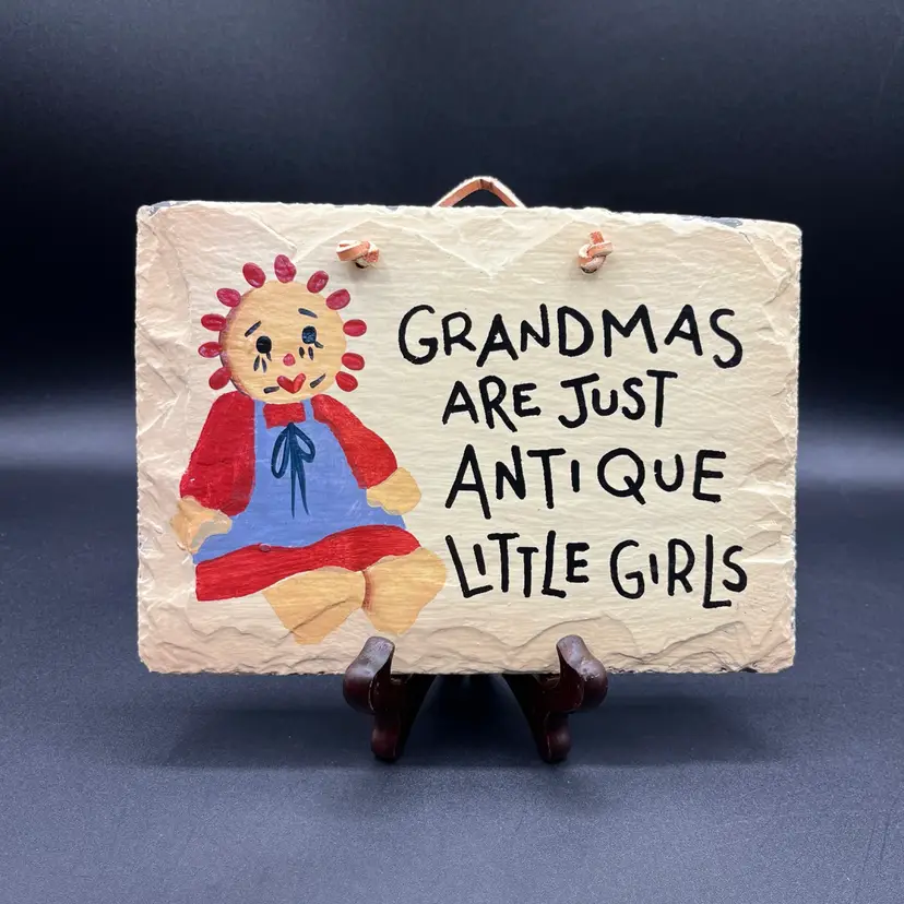#15 Plain Jane “Grandma Antique Lil Girl” Slate Hand Painted Hanging Decorative Tile 7.5”