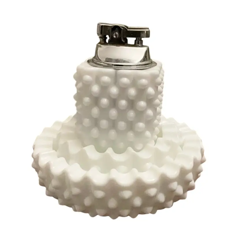 Fenton 3-piece Vintage Milk Glass Smoker Set Includes Lighter And Two Ashtrays 3 1/2” Lighter And Largest Ashtray Is 5”