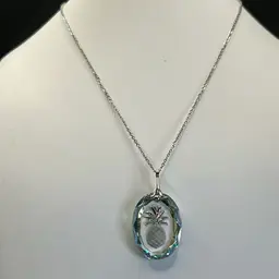 Carved German Crystal Intaglio Design Silver Tone 18” Chain
