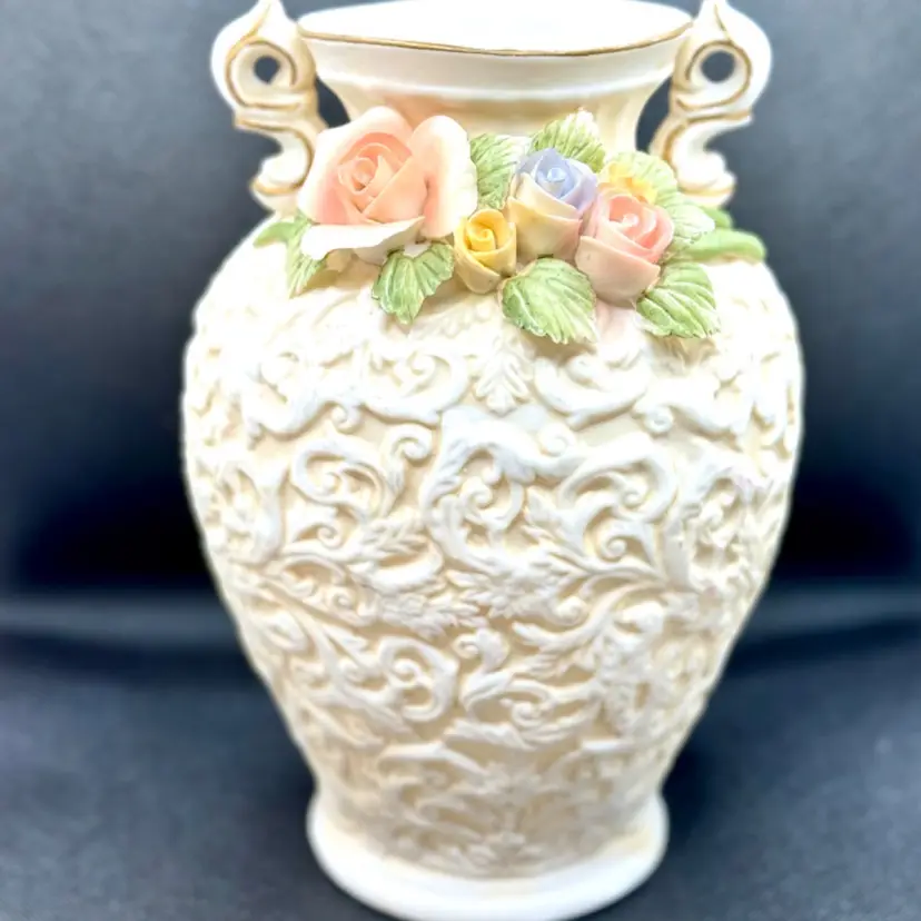 Vintage Spring Vase Handcrafted Embossed Swirls Bisque Texture & Roses, Unbranded