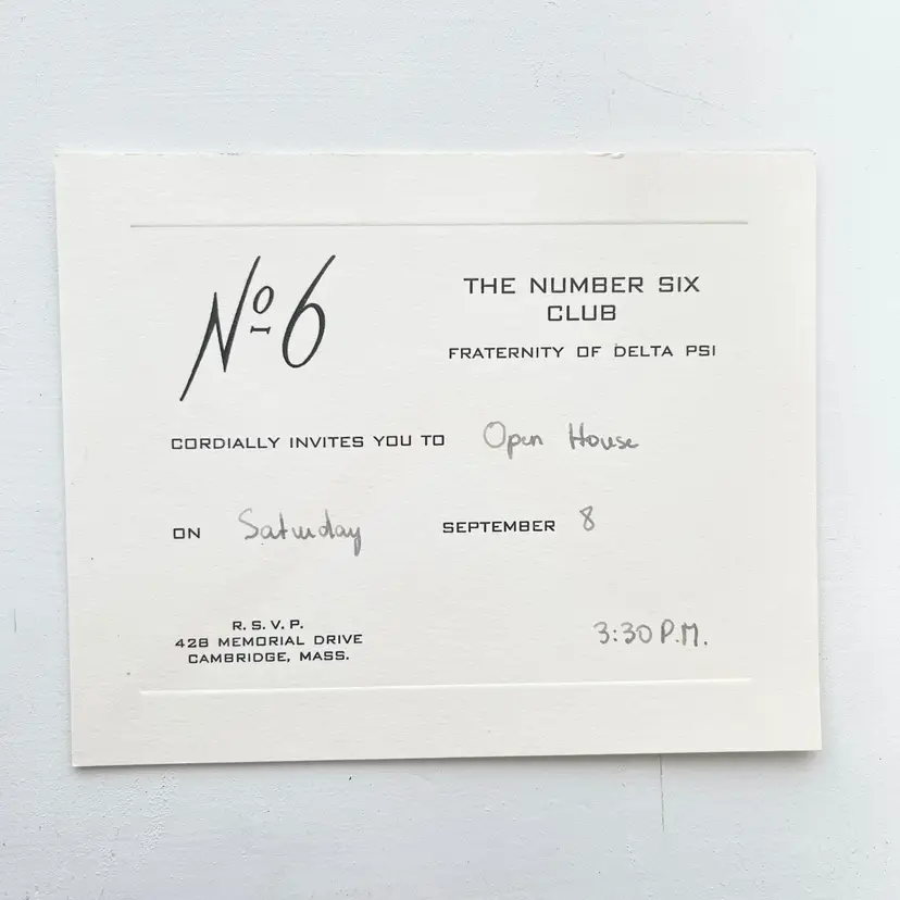 Delta Psi Fraternity The Number Six Club Open House RSVP Cambridge MA Vtg 1950s