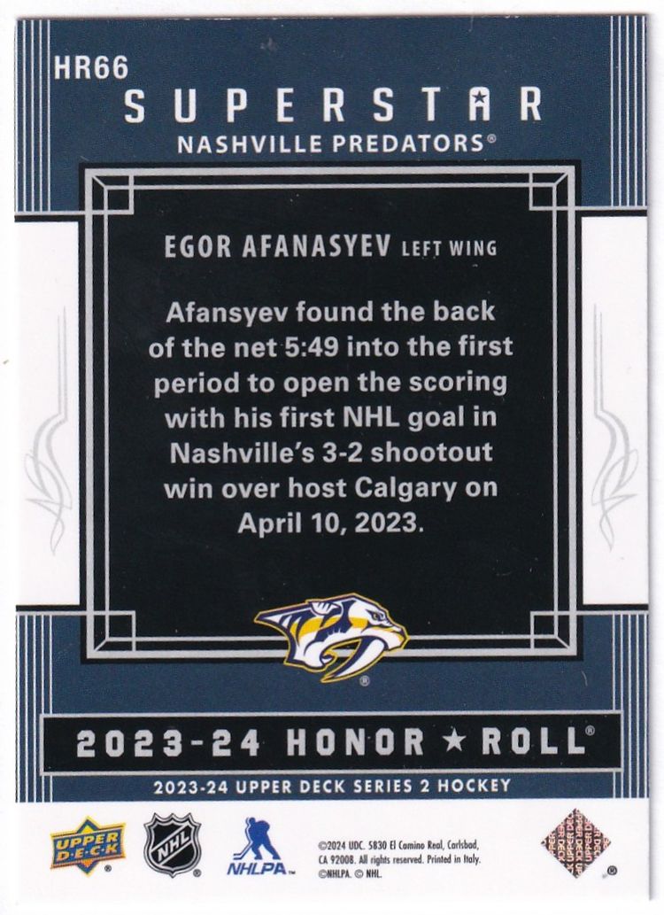 2023-24 Upper Deck Honor Roll #HR66 Egor Afanasyev Nashville Predators Hockey Card