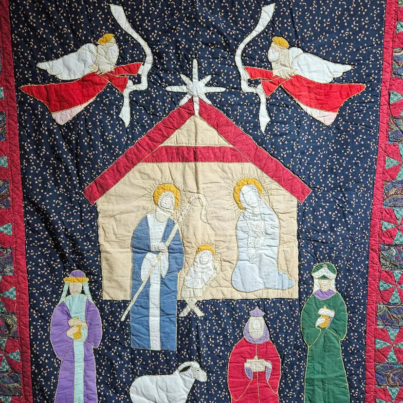 Festive Birth of Jesus Christ Nativity Scene Lap Quilt Christmas 56.5" x 46"