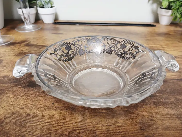 Vintage Clear Glass Dish, Black Floral Overlay, 1960s