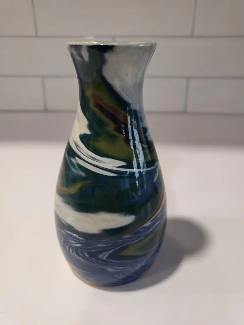 Studio Pottery 5.5 inch Bud vase signed Bryan Johnson 1995 Blue-Green Agateware