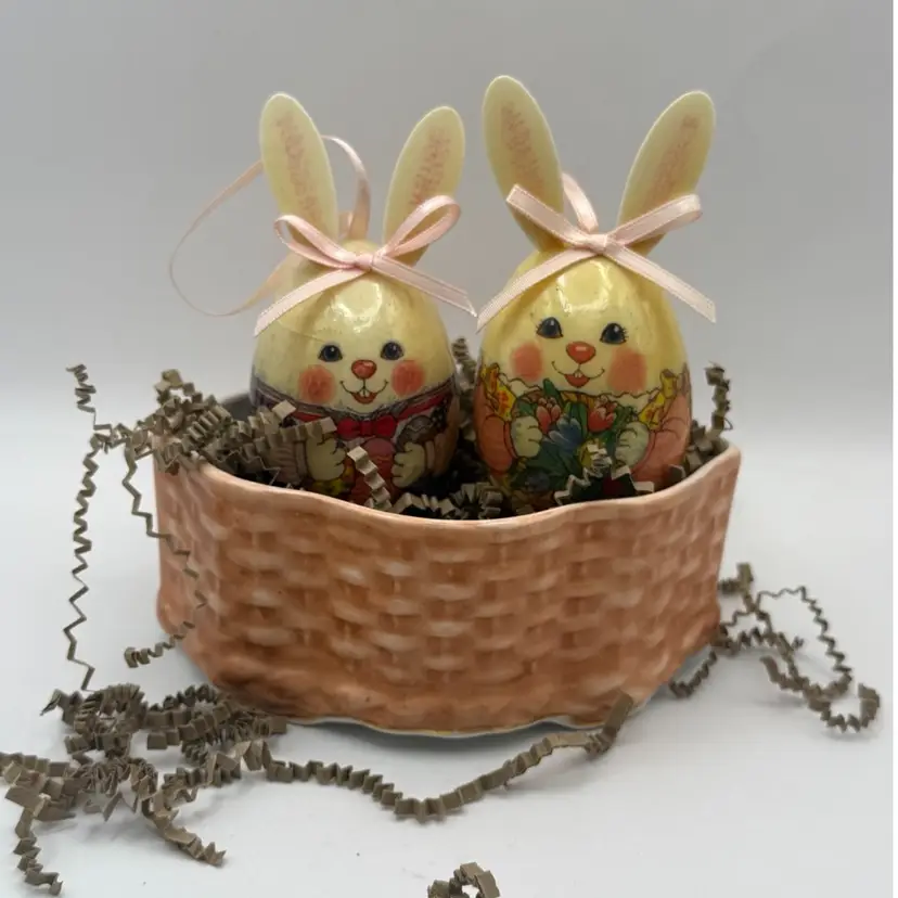 Vintage Mr & Mrs. Rabbit Decoupage Easter Egg Ornaments In Basket