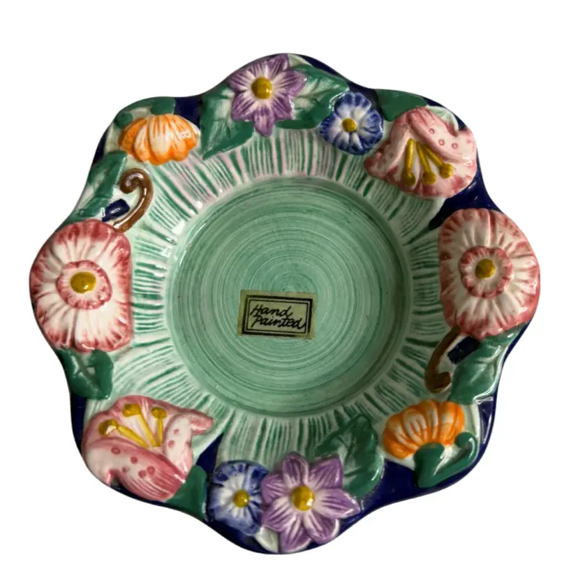 Fitz & Floyd Multicolor Floral Candle Holder Hand Painted Ceramic Green Base With Pink/Lavender/Blue/Orange Flowers 1994
1.5” T x 5” W