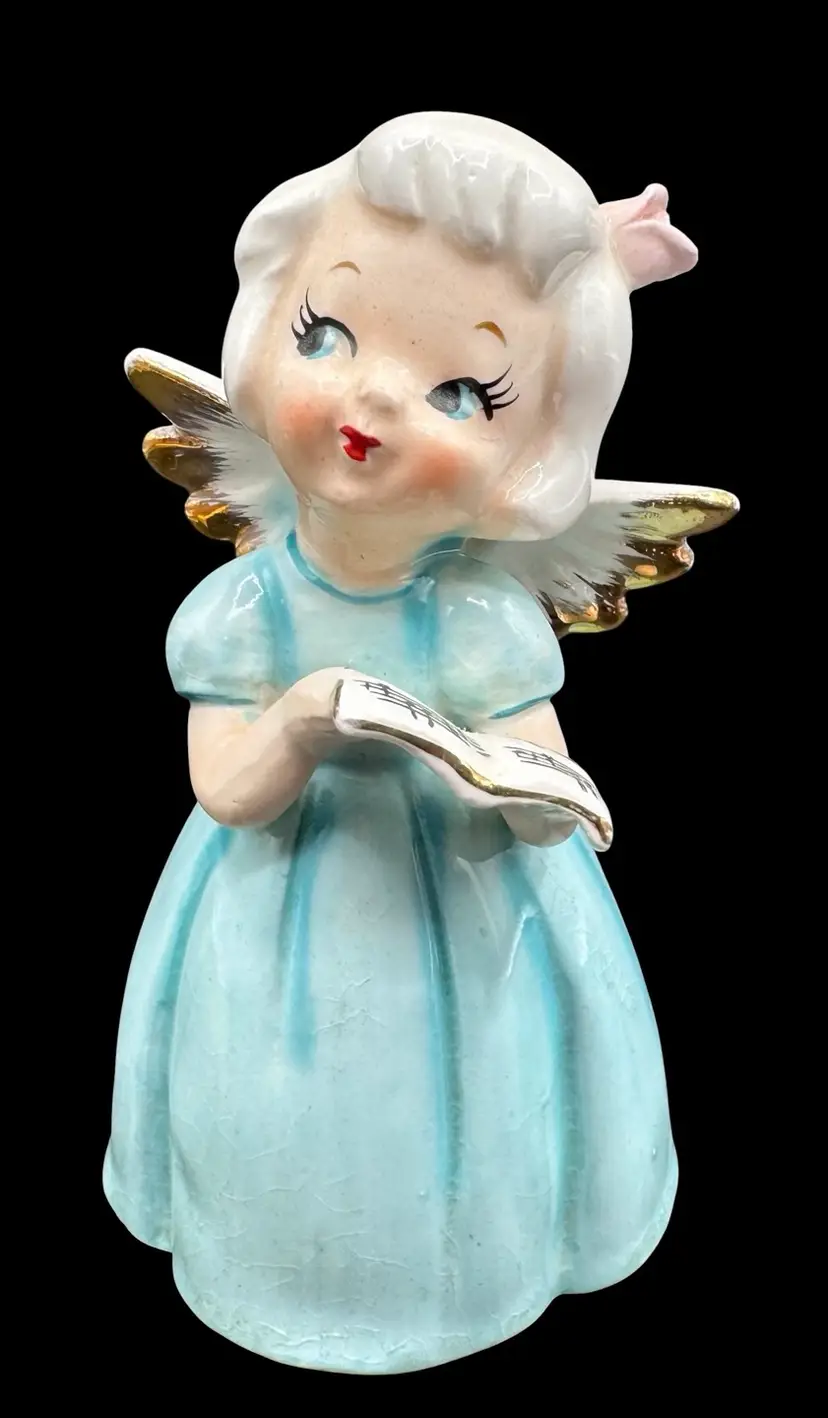 Vintage Nippon Yoko Boeki Co Japan Angel Figurine Holding Sheet Music Book Blue