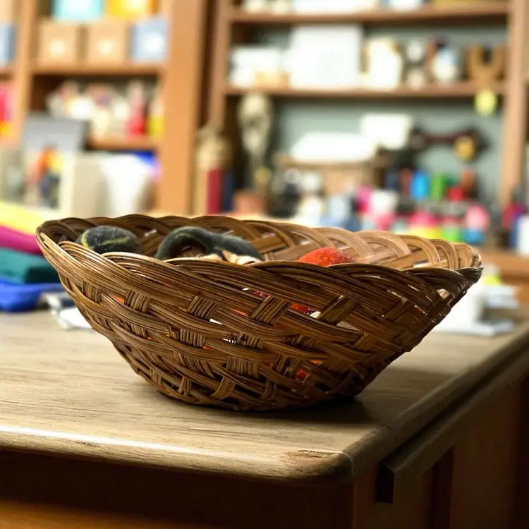 Vintage 12" Woven Bread Basket With Corn And Squash