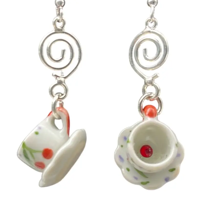 Cherry Long swirl Teacup Earrings Pop