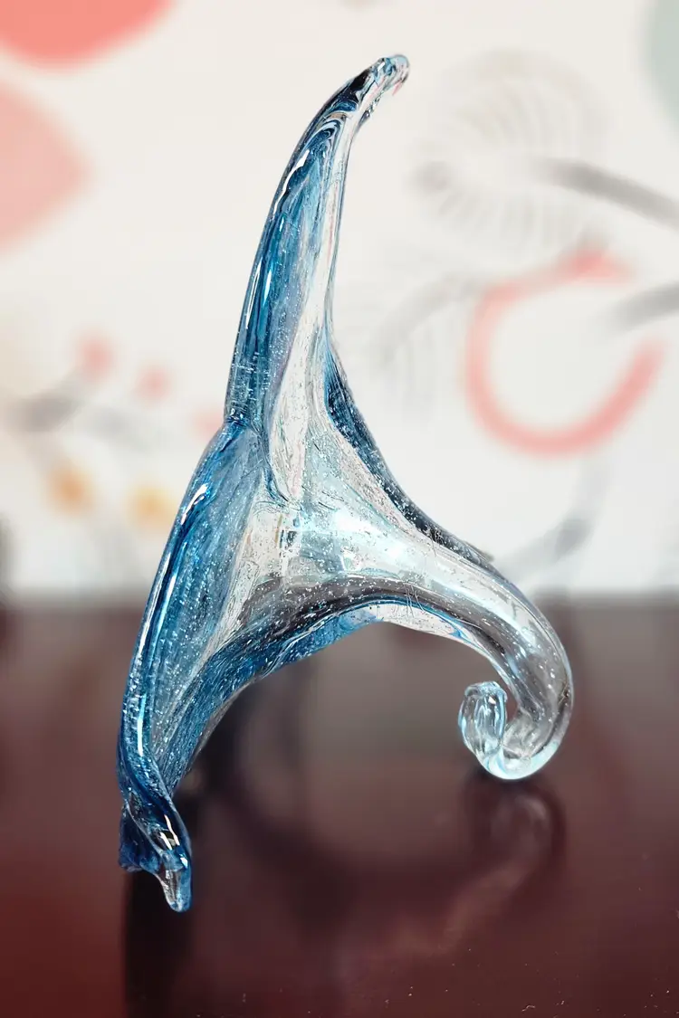 Murano Style Italian Hand Blown Glass Blue Iris Flower w/ Stem Decor