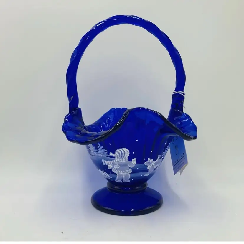 Fenton Cobalt Blue Art Glass 9” Basket Mary Gregory Four Seasons Winter Sledding LOW START