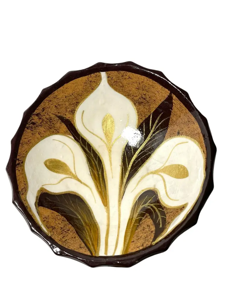Mexico Pottery Salsa Bowl Calla Lillies Adobe Clay Footed