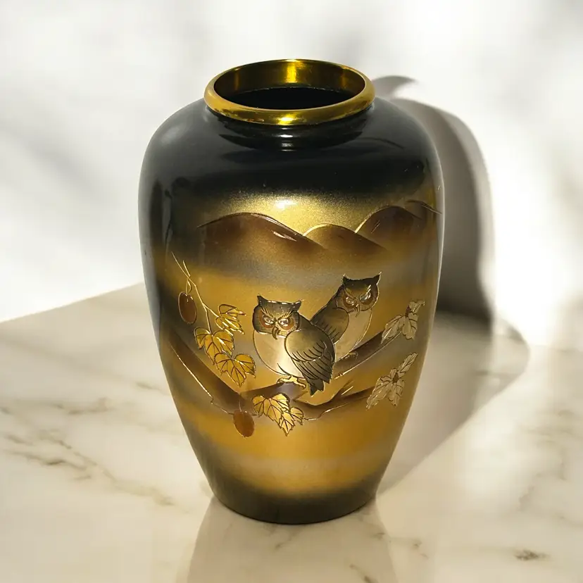 Japan Vase Expressive Designs INC Bronze Etched Owls Limited Edition 811/2000