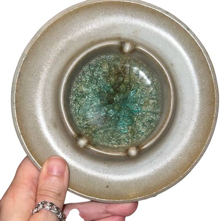 Robert Maxwell MCM Pottery Ashtray Crackle Glass 6”