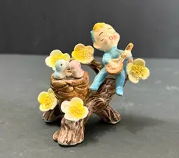 Vintage Pixie Angel Boy In Tree Playing Instrument  W/Birds on Nest Japan