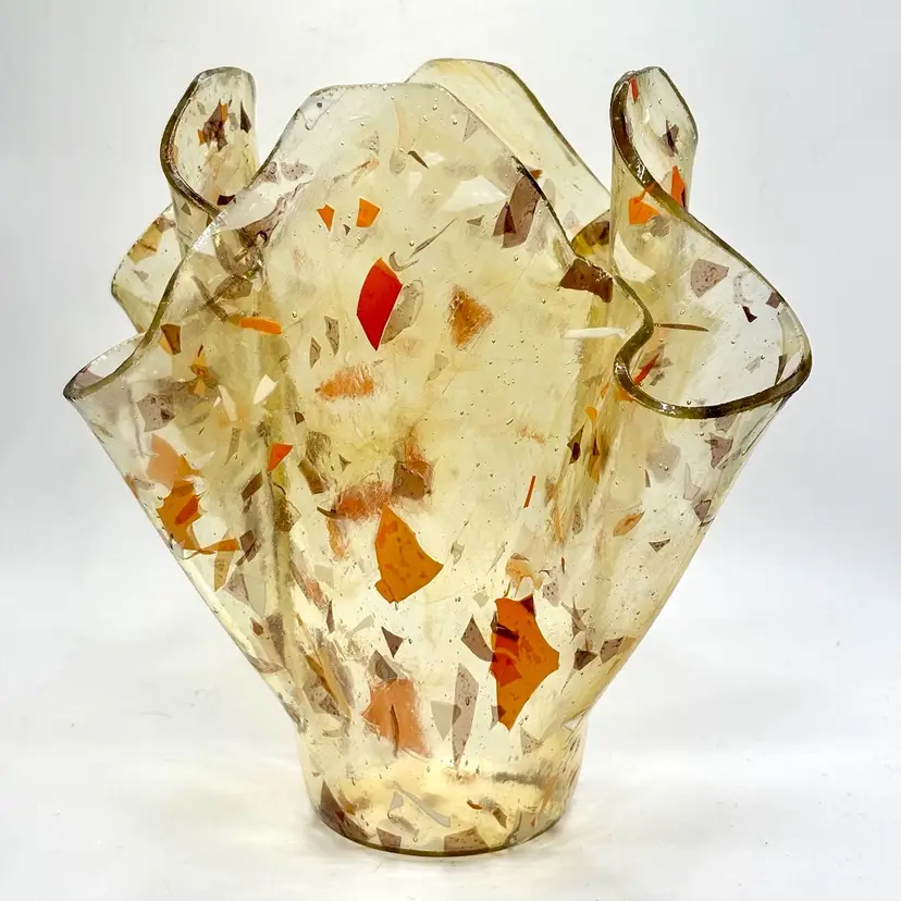 Amber Confetti Art Glass Autumnal Handkerchief Vase 6”
