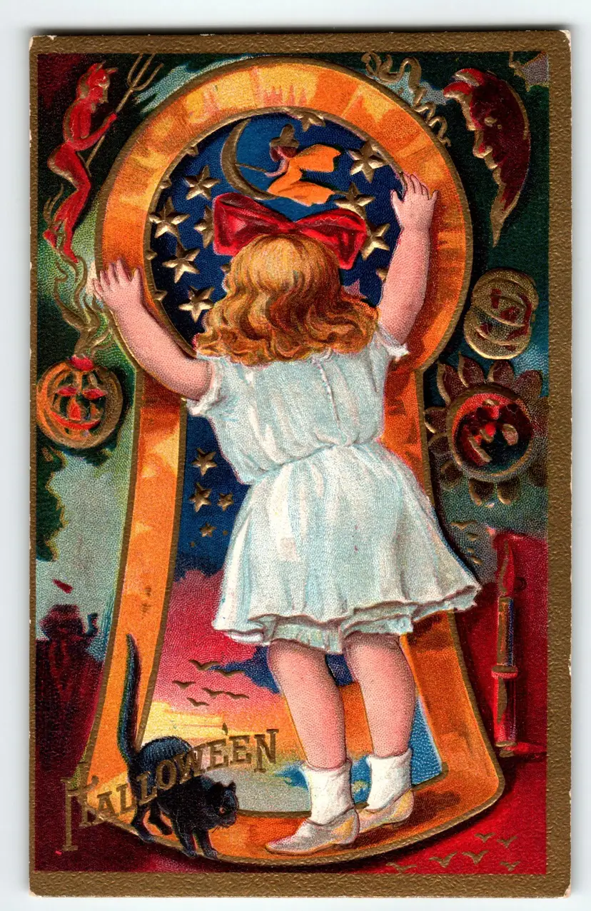 Halloween Postcard Girl At Keyhole Fantasy Witch Devil Moon Face Nash Series 3