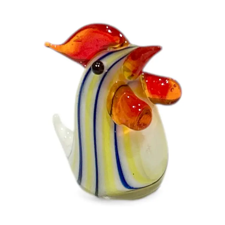 Mini Handblown Yellow And Blue Art Glass Rooster And Christmas Stocking