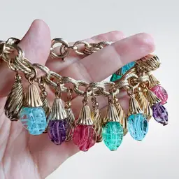 7.75" Vintage MCM NAPIER Doris Day Art Glass Charm Bracelet Gold Tone READ