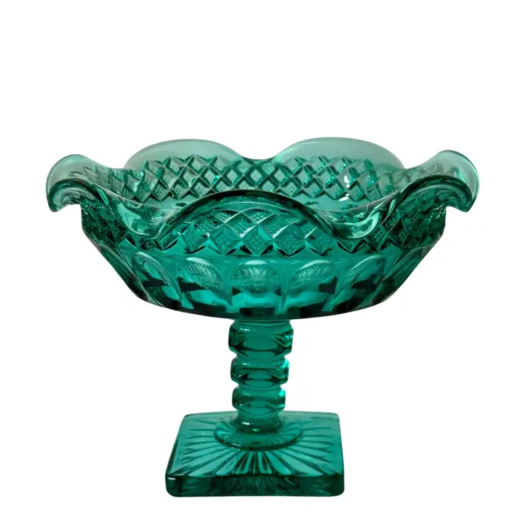 Vintage Westmoreland Glass Waterford Aqua Compote/Candy Dish Ruffled Edge