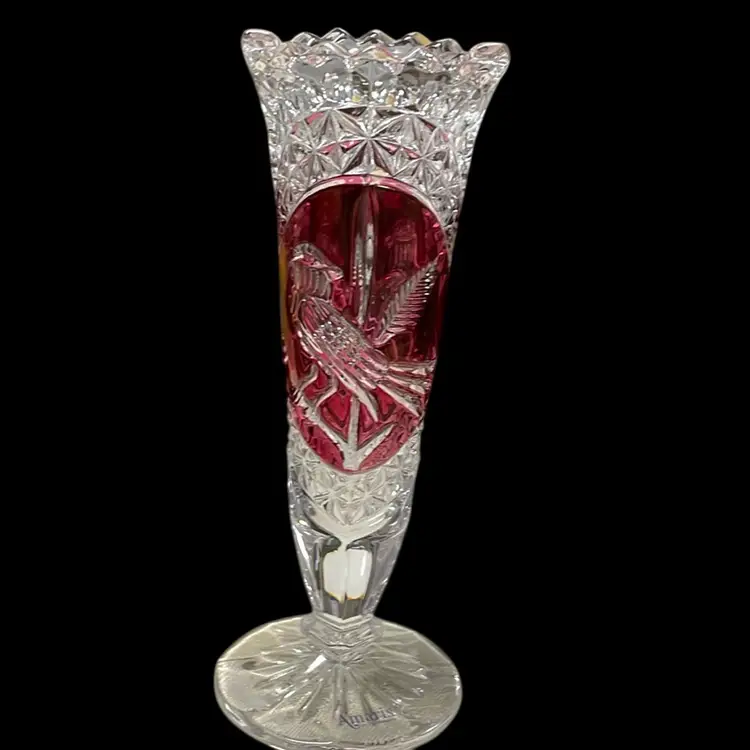 Vintage Nachtmann Aramis 24% Lead Crystal Vase With Ruby Red Bird