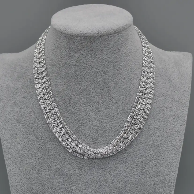 Vintage Greek Key Link Multi Strand Choker Necklace Silver Tone Metal Sarah Coventry 16"