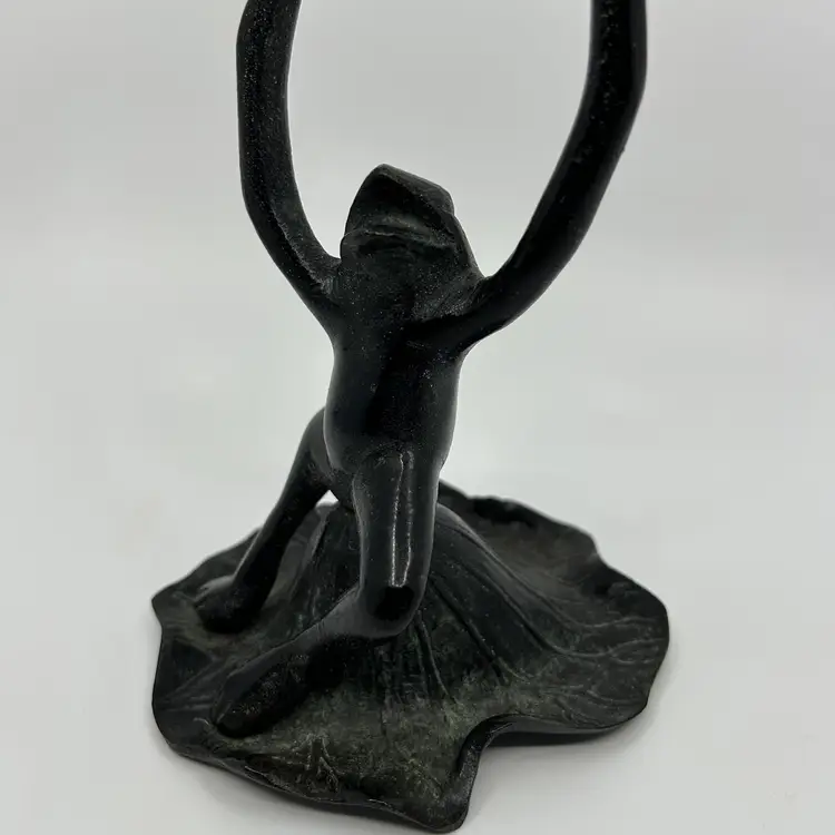 Vintage Department 56 Frog Candlestick Holder Green Patina Metal India