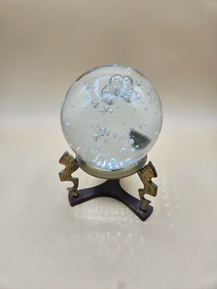 Clear Controlled Bubble Paperweight on Brass Stand, India