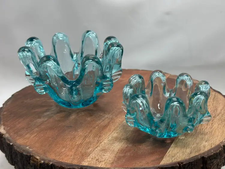 Vintage Art Glass Swung Aqua Blue 2 Nesting Bowls Dipping Trinket Vanity