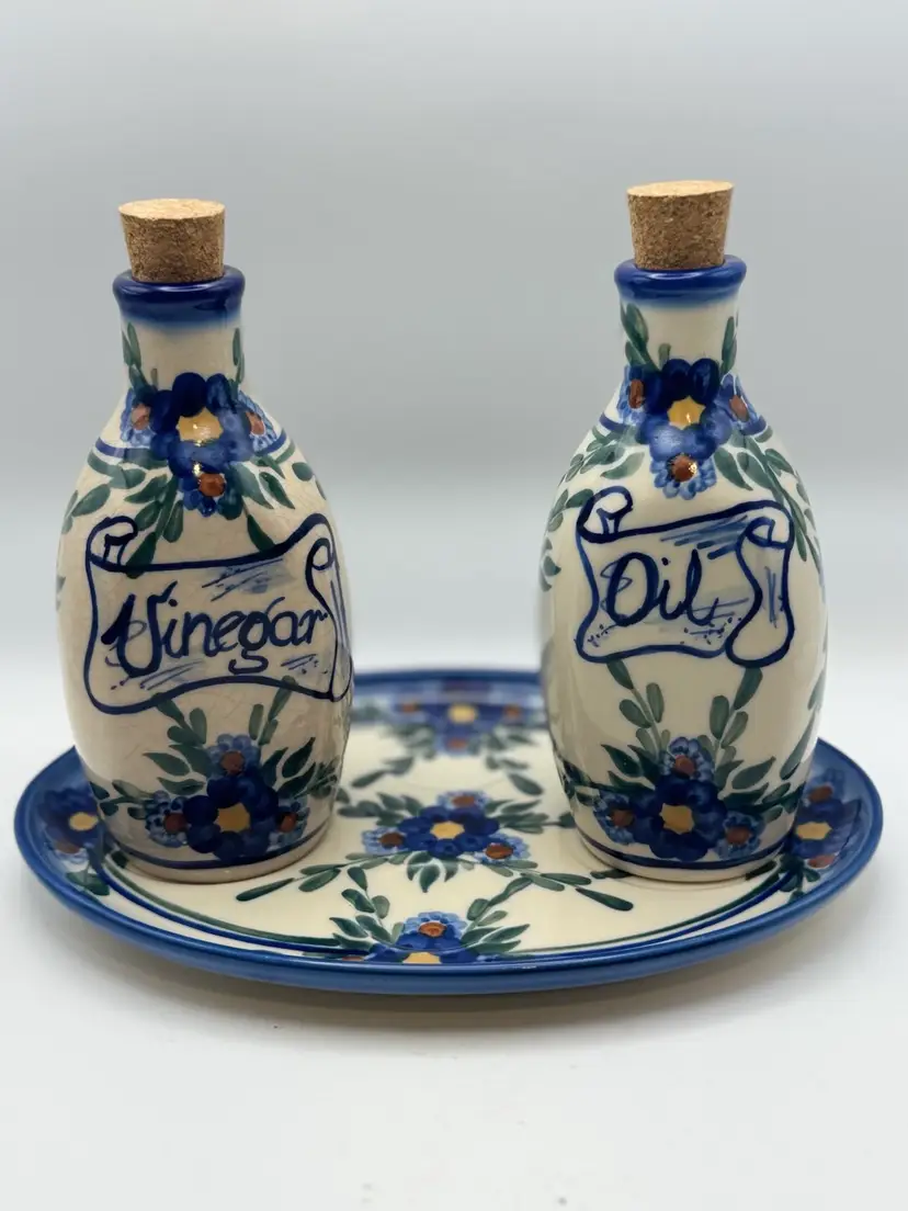 Polish Pottery Oil And Vinegar Cruets On Serving Plate - Signed. 9”