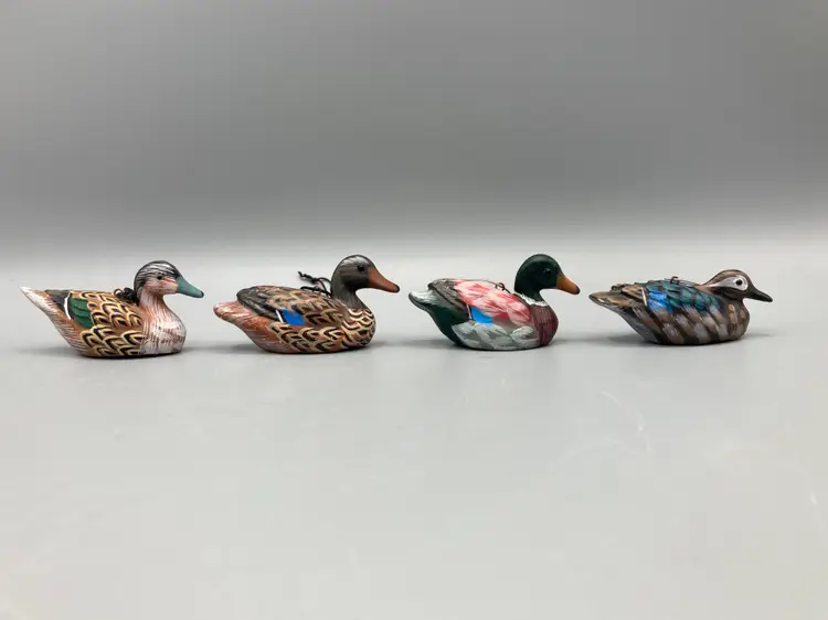 Vintage Miniature Hand Painted Wooden Duck Ornaments - Set of 4