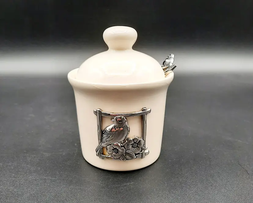 Ganz Condiment Jam Jelly Lidded Jar Dish W/Spoon Silver Bird Flower Design