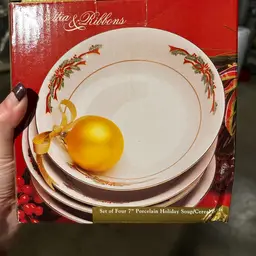 Poinsettia and Ribbons 7" Soup Four (4) Cereal Bowls Christmas China NEW IN BOX