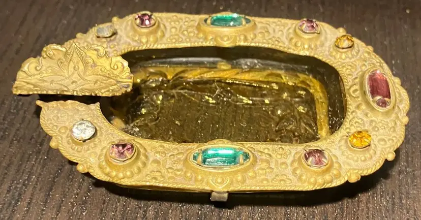 1940s Glass Jeweled Brass Glass Ashtray Made in Czechoslovakia