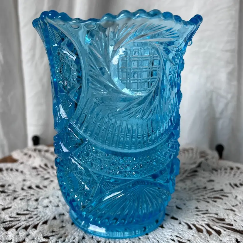 Vintage McKee Kemble Blue Aztec Sunburst Celery Vase 1960s EXC