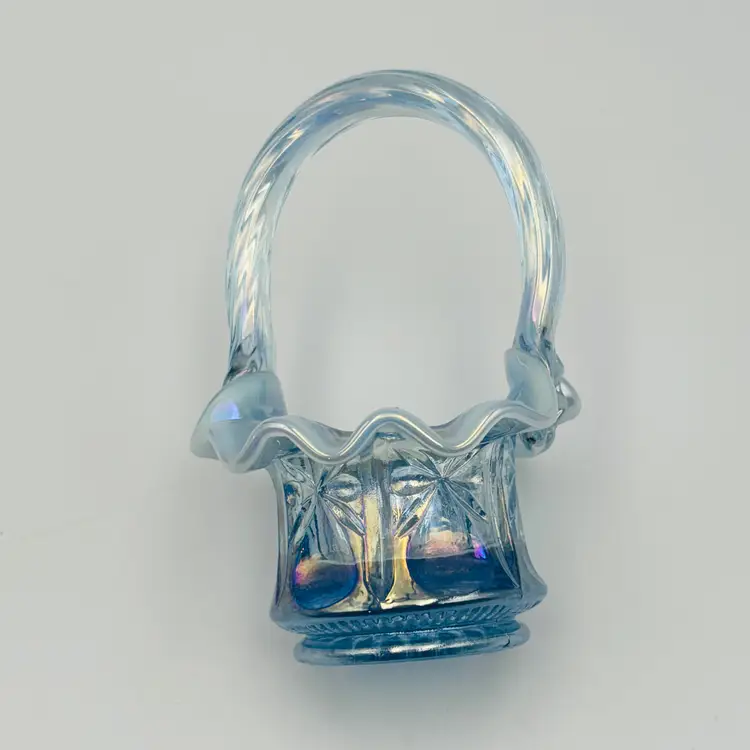 Fenton Art Glass Mini Basket Iridescent Opalescent Glass Blue Applied Handle