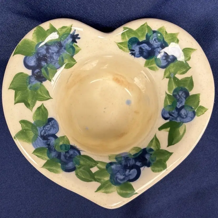 Blueberry Heart Votive Candle Holder, The Kings Pottery, Lisbon, Maine, Artist Signed