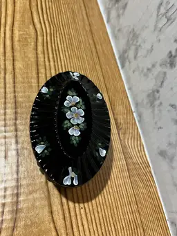 3428-1995 FENTON Victorian Bouquet Black Oval Trinket Box Hand Painted 9589 Signed