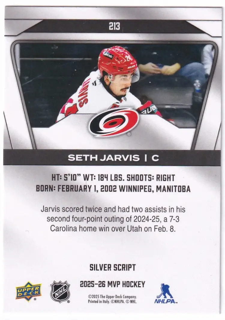 2025-26 Upper Deck MVP Silver Script #213 Seth Jarvis SP Carolina Hurricanes Hockey Card