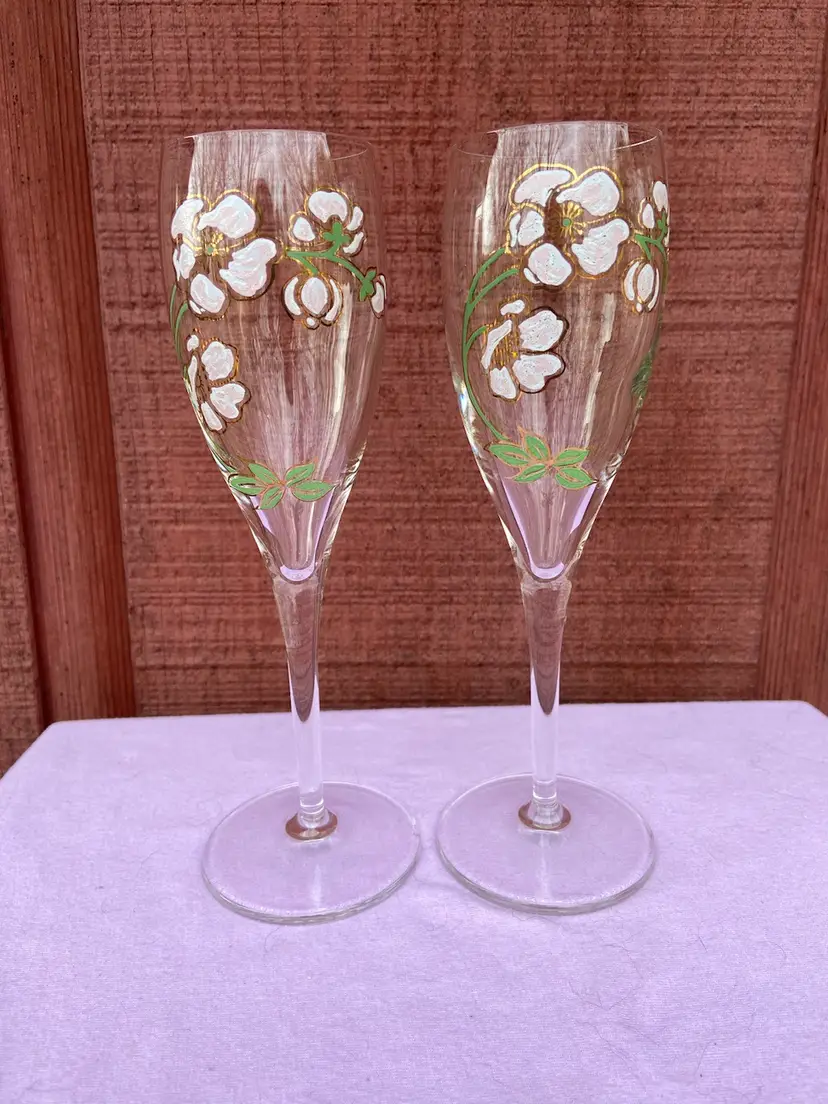 Pair of Perrier Jouet Champagne Glass Flutes, 7.5”h. Belle Epoque Design, Hand Painted