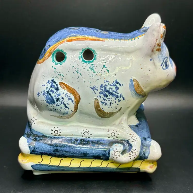 Pottery Redware Cat Floral Frog Paintbrush Holder 5.5” Portugal